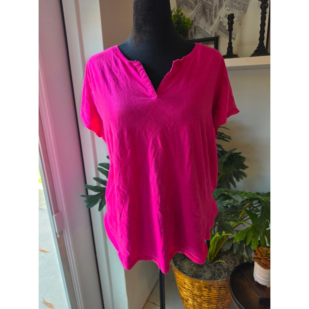 New York & Company Hot Pink 100% Cotton Split V-Neck Short Sleeve Top XXL
